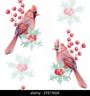 Nahtloses Aquarellmuster - Weihnachtsvogel roter Kardinal, Beeren, Weihnachtsstern Blumenstrauß mit stechpalme-grünen Blättern mit durchbrochener Schneeflocke Stock Vektor