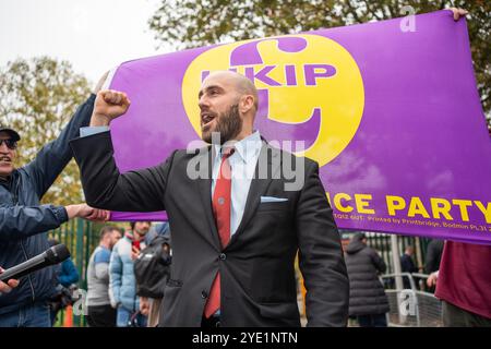 UKIP-Führer Nick Tentoni zeigte mit seiner Anwesenheit seine Unterstützung für Tommy Robinson - und die Rechtsextremen -. Die UKIP ist nun die auserwählte Partei der extremen Rechten, die das Gefühl hat, dass sie von Nigel Farage und seiner Reformpartei verlassen worden sind. Der rechtsextreme Anführer Tommy Robinson wurde zu 18 Monaten Haft verurteilt, weil er die Missachtung des Gerichts zugegeben hatte. Eine Handvoll seiner Anhänger versammelte sich vor dem Woolwich Court House, um gegen das Urteil zu protestieren. Ihnen wurde jedoch ein Blick auf ihren Helden verweigert, da er sofort in das Belmarsh Gefängnis direkt gegenüber dem Court House geführt wurde, um seine Strafe zu beginnen. Stockfoto