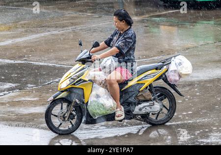 SAMUT PRAKAN, THAILAND, 04. Oktober 2024, Eine Frau transportiert volle Einkaufstaschen auf einem Motorrad Stockfoto