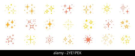 Symbol für das Vektorelement des funkelnden Sterns. Goldener Stern funkelt Glitzerfunken handgezeichneter Glanz-Icon-Satz. Handgezeichneter Sketch-Stil. Magie Licht Gold Dekoration Hintergrund Vektor Illustration Stock Vektor