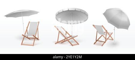 Weiße Sonnenschirme mit hölzernen Liegestühlen in verschiedenen Winkeln. 3D-Modell eines Möbelsets am Meer. Realistische Vorlage für das Branding von Outdoor-Geräten, die Werbung für Resorts oder die Sommeraktion. Stock Vektor