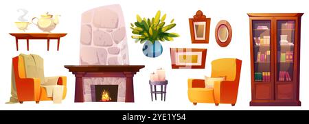 Gemütliches Wohnzimmer mit Steinkamin, bequemen Sesseln, hölzernem Bücherregal mit Literatur. Der Couchtisch bietet Platz für Teekanne und Tassen. Kerzen auf Ständer und dekorativen Rahmen, grüne Pflanze in blauer Vase Stock Vektor