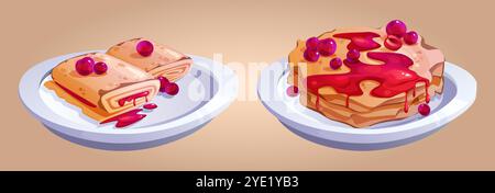 Süße Frühstücksgerichte auf weißen Tellern. Gerollte Crepes gefüllt mit Sahne, Stapel Pfannkuchen mit rotem Sirup. Cartoon-Vektor-Desserts mit frischen Kirschbeeren zum Frühstück. Stock Vektor