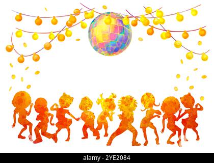 Rahmen oder Rahmen mit Silhouetten von Kindern, die auf einer Party tanzen. Isolierte Illustration für Kinder tanzende Party Design, Karten, Einladungen, Poster Stockfoto