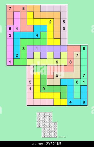 Puzzle Sensei Sudoku. Zwei überlappende Puzzle-Sudoku-Puzzles. Rotationssymmetrie, 26 Hinweise. Sehr hart. MK II. Vektor. Stock Vektor