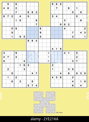 Samurai Sudoku, fünf überlappende Sudoku-Rätsel. Rotationssymmetrie 180°, 106 Hinweise. Hart. MK II. Vektor. Stock Vektor