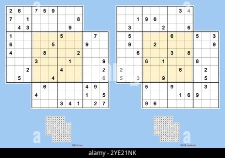 Doppel-doku. Zwei überlappende Sudoku-Rätsel. Rotationssymmetrie. Leicht, mäßig. 40, 36 Hinweise. MK II. Vektorsatz DK6 (DS11, DS12). Stock Vektor