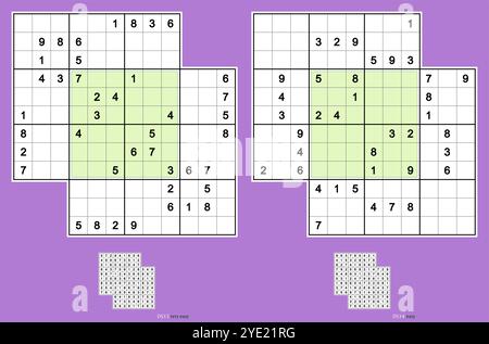 Doppel-doku. Zwei überlappende Sudoku-Rätsel. Rotationssymmetrie. Sehr einfach, einfach. 42, 38 Hinweise. MK II. Vektorsatz DK7 (DS13, DS14). Stock Vektor