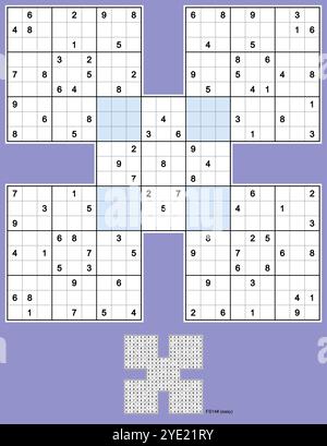 Samurai Sudoku, fünf überlappende Sudoku-Rätsel. Volle Symmetrie, 101 Hinweise. Einfach. MK II. Vektor. Stock Vektor