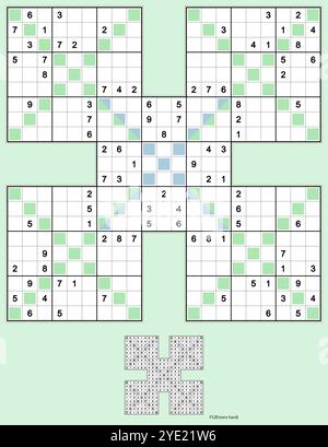 Samurai Sudoku mit diagonaler Variante. Fünf überlappende Sudoku-Rätsel. Volle Symmetrie. Sehr hart, 92 Hinweise. MK II. Vektor. Stock Vektor