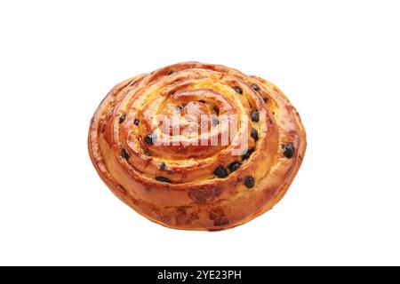Frisch gebackenes süßes Brötchen mit Schokolade isoliert auf weißem Hintergrund. Stockfoto