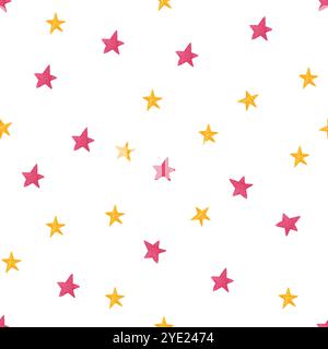 Muster mit kleinen gelben und rosa Sternen, Aquarellabbildung. Kindermuster für Mädchen. Kosmisches Muster, magisches Ornament. Gut für Stoff Stockfoto