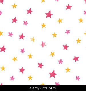 Muster mit kleinen gelben und rosa Sternen, Aquarellabbildung. Kindermuster für Mädchen. Kosmisches Muster, magisches Ornament. Gut für Stoff Stockfoto