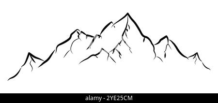 Bergrücken, schneebedeckte Gipfel, umgeben von wilder Natur. Handgezeichnetes Querformat, Kartenlinienkontur. Felsengebirge Landschaftsdesign, Ikone. Vektorabbildung Stock Vektor