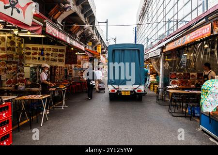 Tokio, Japan - 6. August 2024: Ameyoko, ein lebhafter Straßenmarkt in Ueno, Tokio, bietet geschäftige Geschäfte, Imbissstände und lokale Waren. Aufnahme der liv Stockfoto