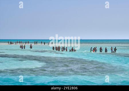 Sharm El Sheikh, Ägypten - 28. April 2024: Menschen waten durch flaches türkisfarbenes Wasser in der Nähe von Sandbänken. Weiße Insel im Roten Meer, Ras Mohammed Nature Reser Stockfoto