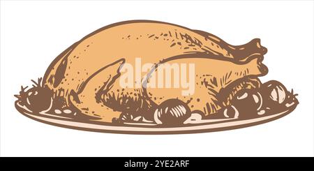 Handgezogener braten auf einem Teller mit Gemüse. Vektorskizze der Weihnachtsschale im Stich-Stil. Gebackenes Hühnchen mit Gemüse auf einem Teller für T Stock Vektor