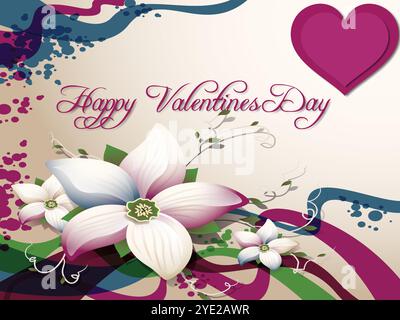 Farbenfroher Hintergrund mit einer Blume und einem Herz. Der Hintergrund ist rosa und blau. Das Herz ist rot. In dem Text steht Happy Valentine's Day Stock Vektor