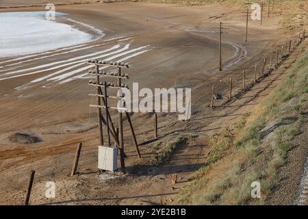 Oberleitung auf Holzstützen entlang der Bahnstrecke in der Nähe eines Salzsees. Kasachstan Stockfoto