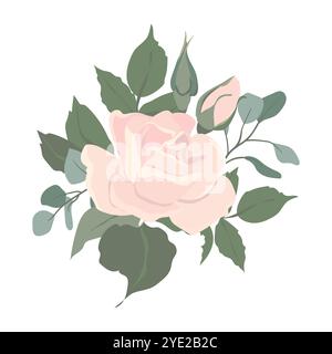 Hellrosafarbene Rosen und Eukalyptuszweige. Komposition von schönen Blumen in verschiedenen Formen, Knospen und Blüten isoliert auf Hintergrund. Vect Stock Vektor