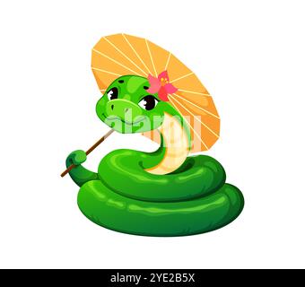 Süße grüne Schlangenfigur mit einem Regenschirm. 2025 Symbol des chinesischen Mondjahres. Reptilienschlange mit einer Blume auf dem Kopf, großen Augen und einem sanften Lächeln, das in eleganter Pose mit einem Sonnenschirm liegt Stock Vektor