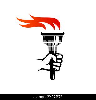 Fackelflamme Symbol für Sieg und Freiheit, Freiheit und Championfeuer, Vektor-Emblem. Fackel in der Hand mit Feuerflammensymbol für den Sieger der Sportmeisterschaft, den Sieg im Marathon und das Freiheitszeichen Stock Vektor