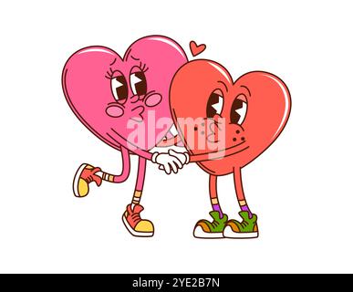 Cartoon-groovige zwei Herzfiguren, die Hände halten. Liebessymbole für eine verspielte und romantische Atmosphäre zum Valentinstag. Isolierte Vektorfiguren drücken Grüße, Zuneigung, Freundschaft und Spaß aus Stock Vektor