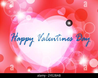 Roter Hintergrund mit zwei Herzen und den Worten Happy Valentine's Day. Der Hintergrund ist verschwommen und hat viele Kreise Stock Vektor