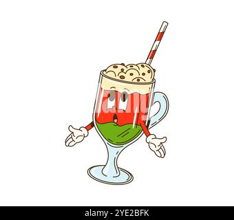Cartoon-groovige Weihnachtscocktail-Figur. Isoliertes Vektor festliches Getränkeglas, Retro-Persönlichkeit mit lustigem Gesicht, Stock, Schokoladenstreuseln über die Schlagsahne und rote oder grüne Getränkeschichten Stock Vektor