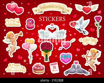 Cartoon-Aufkleber zum valentinstag. Vektor-Set von Valentinstag Liebe Patches. Herzen, Schwäne, Ballons und Tauben, Cherubs, Rosenblumenstrauß, Geschenkbox, Kuchen oder goldener Ring mit romantischen Symbolen im Kalender Stock Vektor