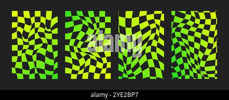 Psychedelisches Schachbrett. Verlaufender Neon-Groovy-Hintergrund. Vertikaler Hippie-Hintergrund. Y2K-Ästhetik. Retro-flippige Vektor-Illustration. Trendiges Muster Stock Vektor