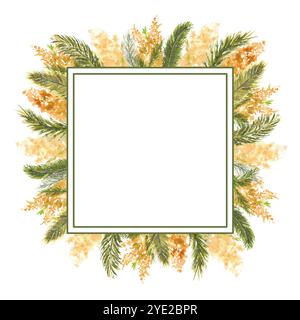 Geometrischer quadratischer Rahmen mit Mimosa-Zweigen am äußeren Rand auf weißem, isoliertem Hintergrund. Aquarelldarstellung. Stockfoto
