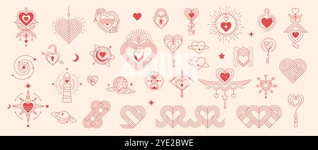 Boho valentine esoterische himmlische und mystische Symbole und Elemente. Vektor-Set der böhmischen Stil Zeichen der Liebe und Valentinstag. Herzen, Vögel und Fische, Sonne, Sterne oder Wolken, Leuchtturm, Planet Stock Vektor