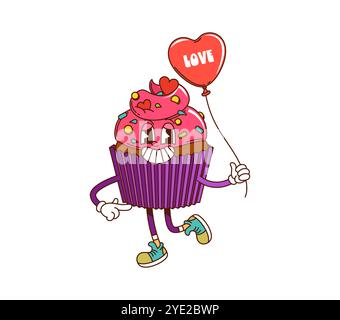 Der groovige Charakter mit rosa Glasur hält einen Ballon in Herzform und erinnert an den Valentinstag-Retro-Vibes. Isolierte Vektor fröhliche Muffin Persönlichkeit feiert Liebe, Zuneigung, Freude und Süße Stock Vektor