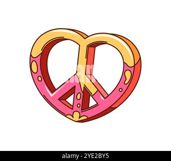 Cartoon groovige Valentinstag Hippie Friedenszeichen, Liebessymbol. Isoliertes Vektor-Retro-Herzabzeichen mit psychedelischen Farben verströmt nostalgischen Vibe der 60er und 70er Jahre. Symbol der Liebe, des Friedens und der romantischen Atmosphäre Stock Vektor