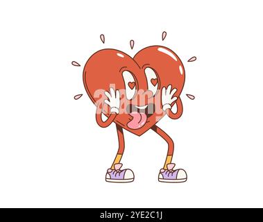 Cartoon Retro groovige Valentinsherz Figur in Liebe mit Herzen in Augen, Vektor-Comic-Persönlichkeit. Groovige Herzfigur in Hippie-Kunst der 60er und 70er Jahre funky Groovie Stil für Valentine Emoji Emoticon Stock Vektor