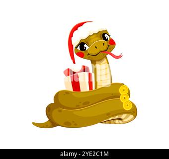 Zeichentrickfilm chinesische Schlangenfigur mit traditionellem Weihnachtsmann-Hut und Geschenkbox mit Schleife, die sich auf das Mondjahr 2025 vorbereitet. Vektorfreundliches Reptiliensymbol des asiatischen Horoskop Stock Vektor
