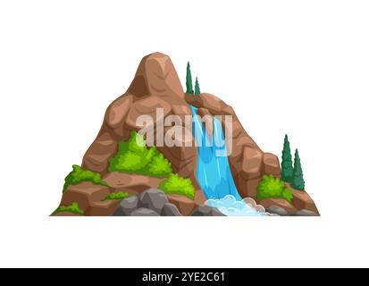 Bergwasserfall mit Waldbäumen aus prähistorischer Landschaft aus Dinosaurierära, Vektorspiel-Asset. Zeichentrick Natur Umgebung mit Wasserfall oder Flusskaskade auf Bergfelsen und Wasserstrom für die Spielszene Stock Vektor
