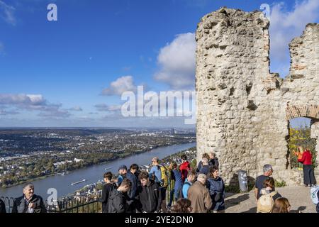 Blick von der Ruine der Burg Drachenfels, am Rhein in Richtung Bonn, Touristen, der Drachenfels ist ein Berg im Siebengebirge am Rhein zwischen den beiden Stockfoto