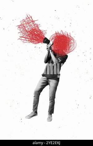 Composite Trend Artwork Sketch Bild Foto Collage von Copyspace zeichnen Mess Line Doodle junger Mann kopflos Rede Megaphon Führer Proklame Stockfoto