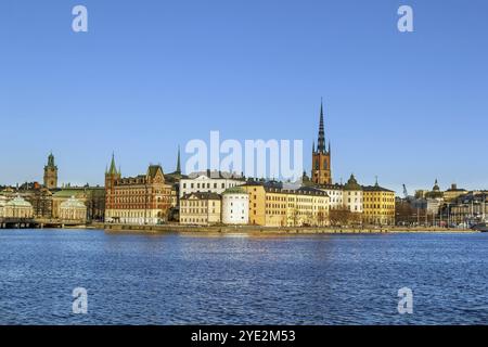 Blick auf Riddarholmen vom Rathaus in Stockholm, Schweden, Europa Stockfoto