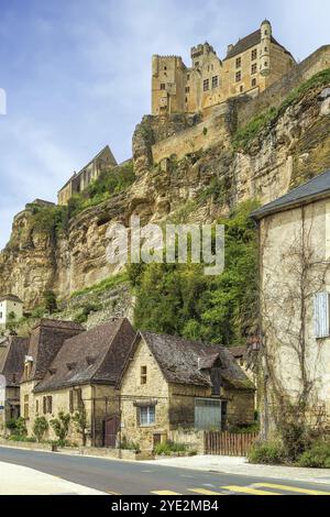 Blick auf Beynac-et-Cazenac mit Schloss auf der Klippe, Département Dordogne, Frankreich, Europa Stockfoto