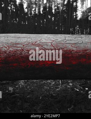 Surrealistischer Wald, stimmungsvoller Black Metal Wald, dunkler gruseliger Wald, Horrorstimmung, fantastische Farben Stockfoto