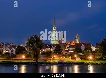 Blick auf das Ulmer Münster mit Donau bei Nacht, Ulm, Baden-Württemberg, Deutschland Blick auf das Ulmer Münster mit Donau bei Nacht, Ulm, Baden-Württ Stockfoto