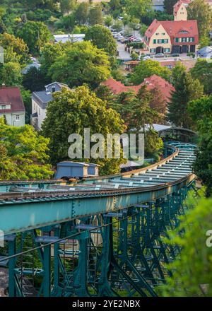 Die älteste Schwebebahn der Welt. Schwebebahn in Dresden. Seilbahn. Deutschland. Stockfoto