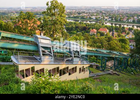 Die älteste Schwebebahn der Welt. Schwebebahn in Dresden. Seilbahn. Deutschland. Stockfoto