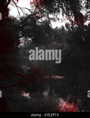 Surrealistischer Wald, stimmungsvoller Black Metal Wald, dunkler gruseliger Wald, Horrorstimmung, fantastische Farben Stockfoto
