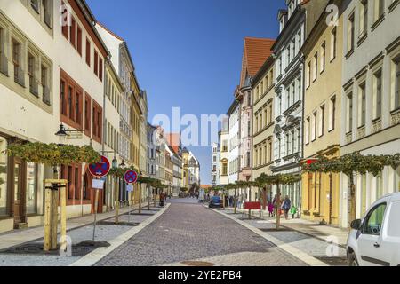 Straße im historischen Stadtzentrum Freibergs, Deutschland, Europa Stockfoto