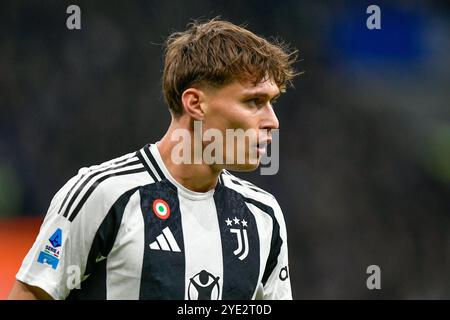 Mailand, Italien. Oktober 2024. Nicolo Savona von Juventus war während des Spiels zwischen Inter und Juventus in Giuseppe Meazza in Mailand zu sehen. Stockfoto