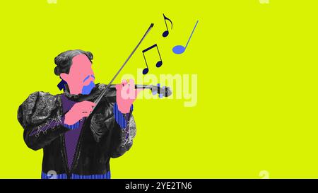 Abstraktes Bild eines Barockmusikers, der Geige spielt, mit Noten auf Neonhintergrund. Zeitgenössische Kunstcollage. Stockfoto